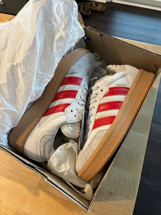 adidas Samba XLG Suede Sneaker in Light Gray and Red - Picture 2 of 5